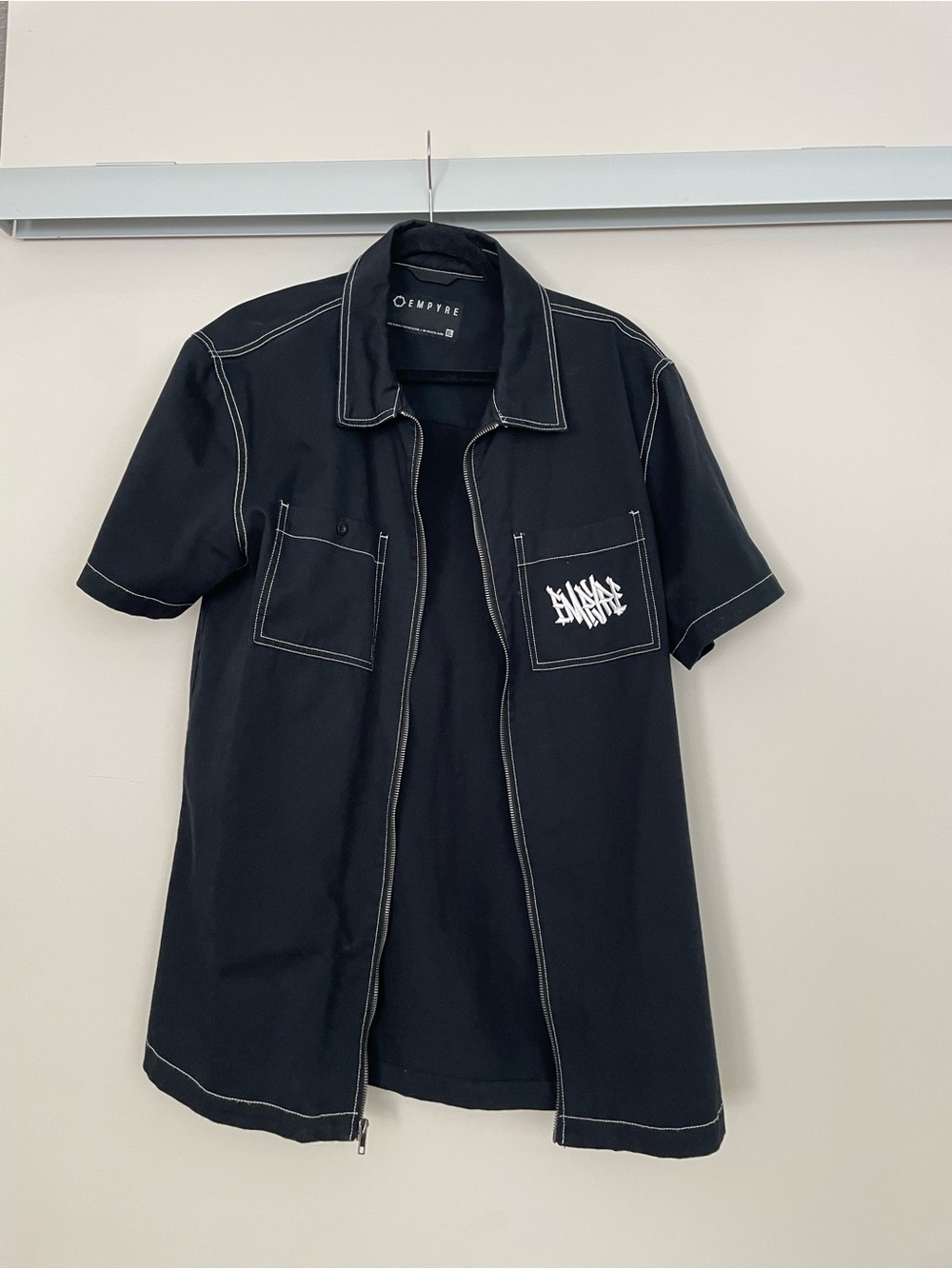 Empyre Black Short Sleeve Zip-up Shirt with White Stitching and Embroidery
